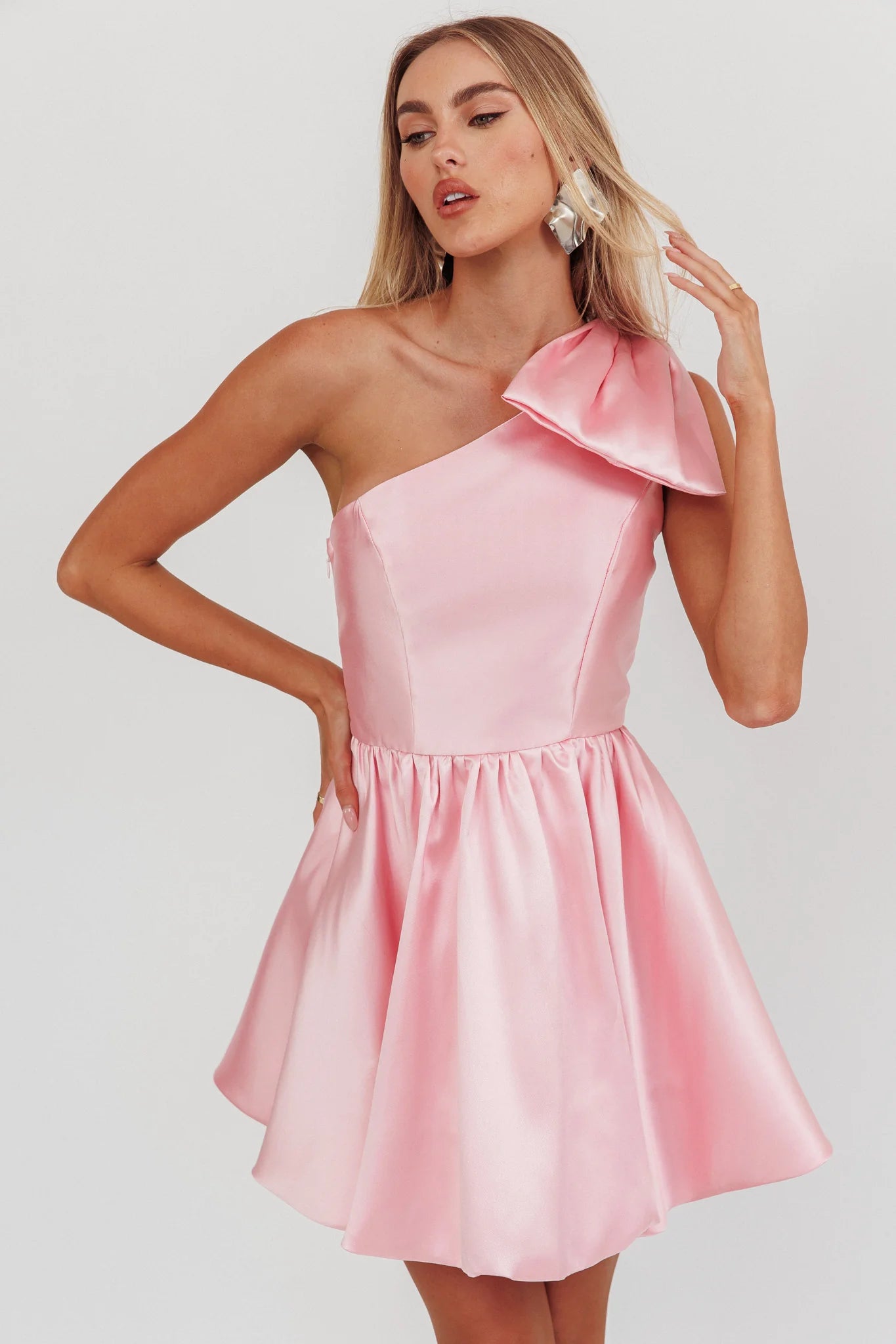 Athens Shoulder Bow Bubble Hem Mini Dress Blush