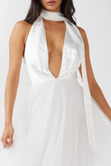 Darci Plunging Neckline Tulle Midi Dress White