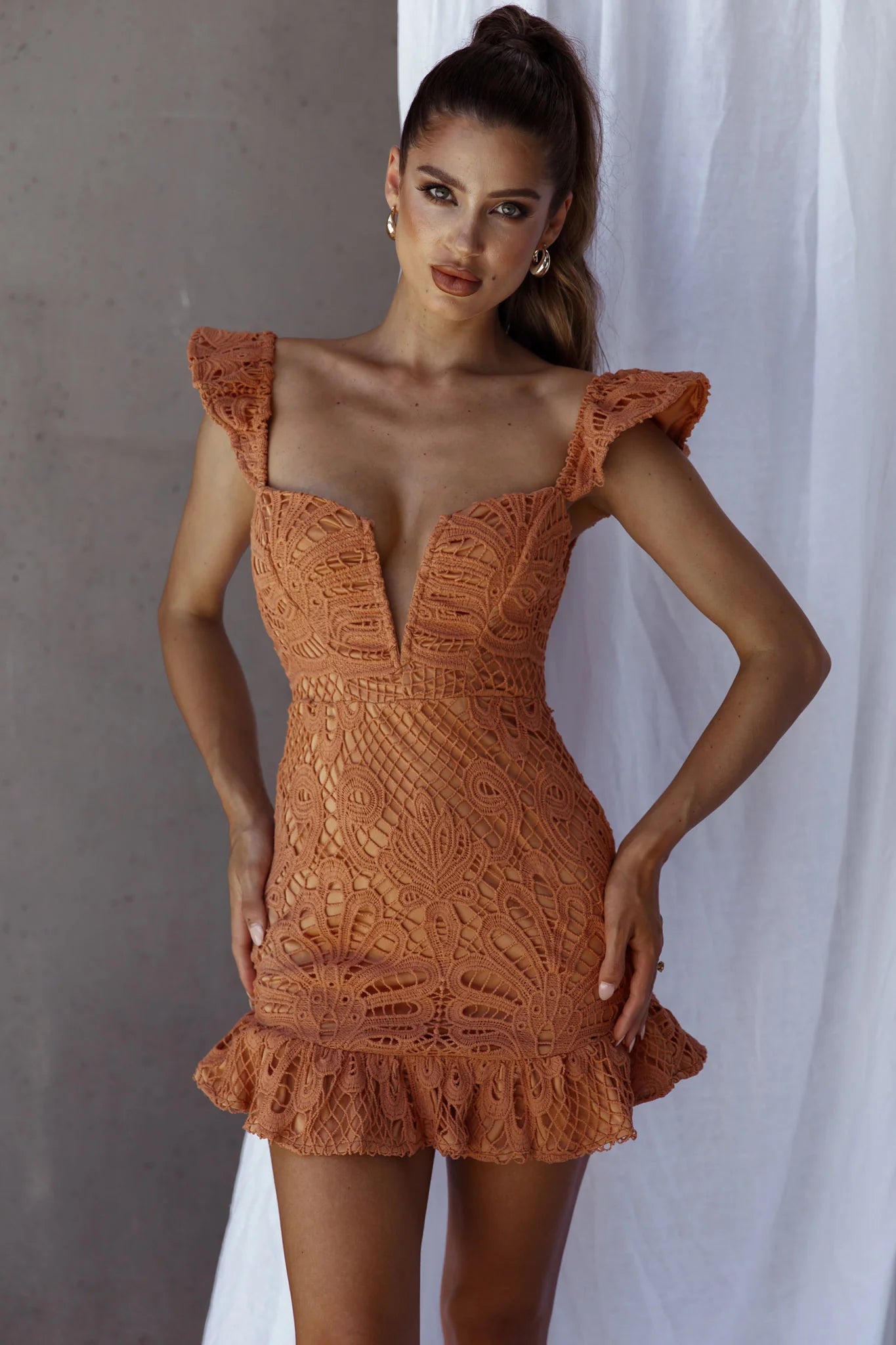Mon Papillon Lace Mini Dress Apricot