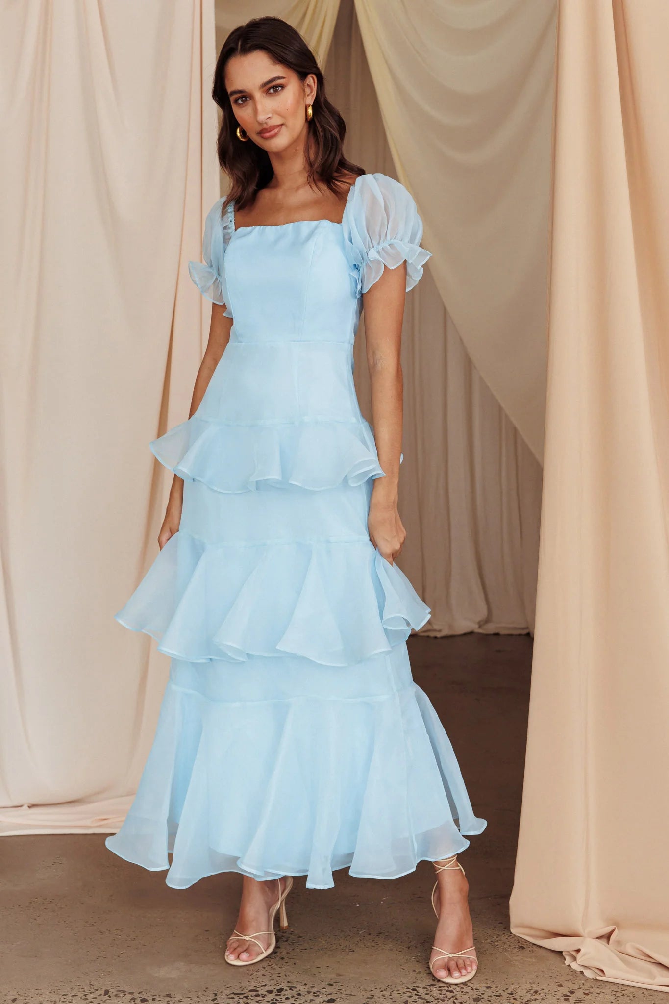Delwynn Puff Sleeve Layered Midi Dress Blue