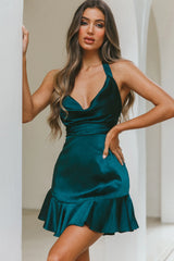 Champs Elysees Halterneck Ruffle Hem Mini Dress Forest Green