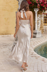 Stars Align Halterneck Satin Midi Dress Champagne