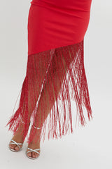 Glitz Asymmetrical Fringe Hem Dress Red