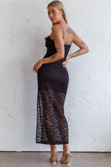 Evaleigh Frill Trim Lace Midi Dress Black