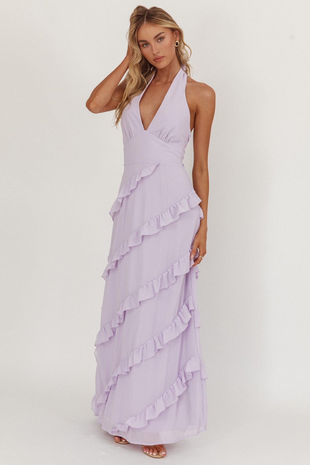 Flirt Frill Trim Halter Maxi Dress Lilac