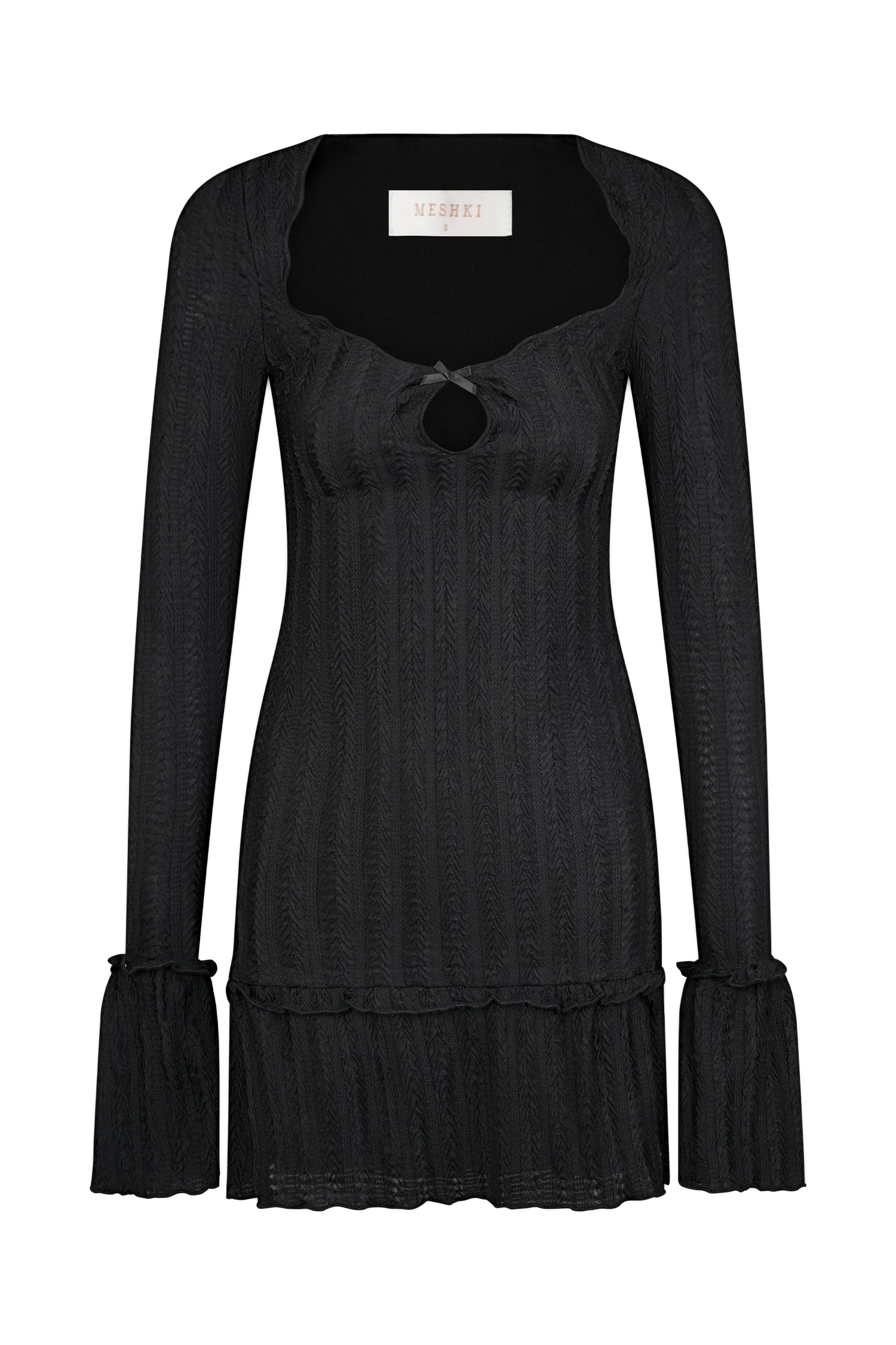 Daphne Pointelle Long Sleeve Mini Dress - Black