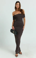 Caterina Maxi Ruched Off Shoulder Mesh Dress in Chocolate