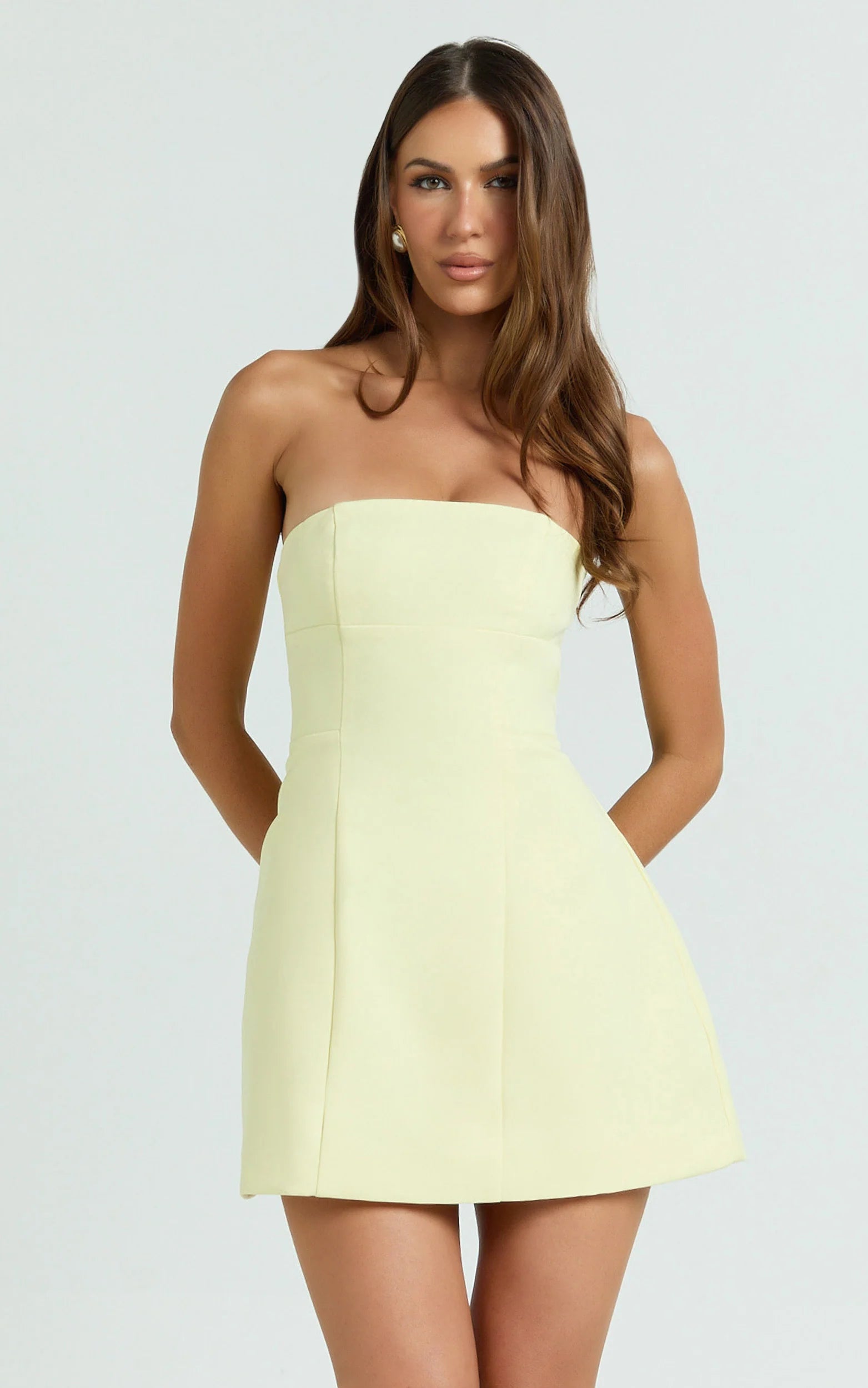 Catharine Mini Dress Strapless A Line Dress in Lemon