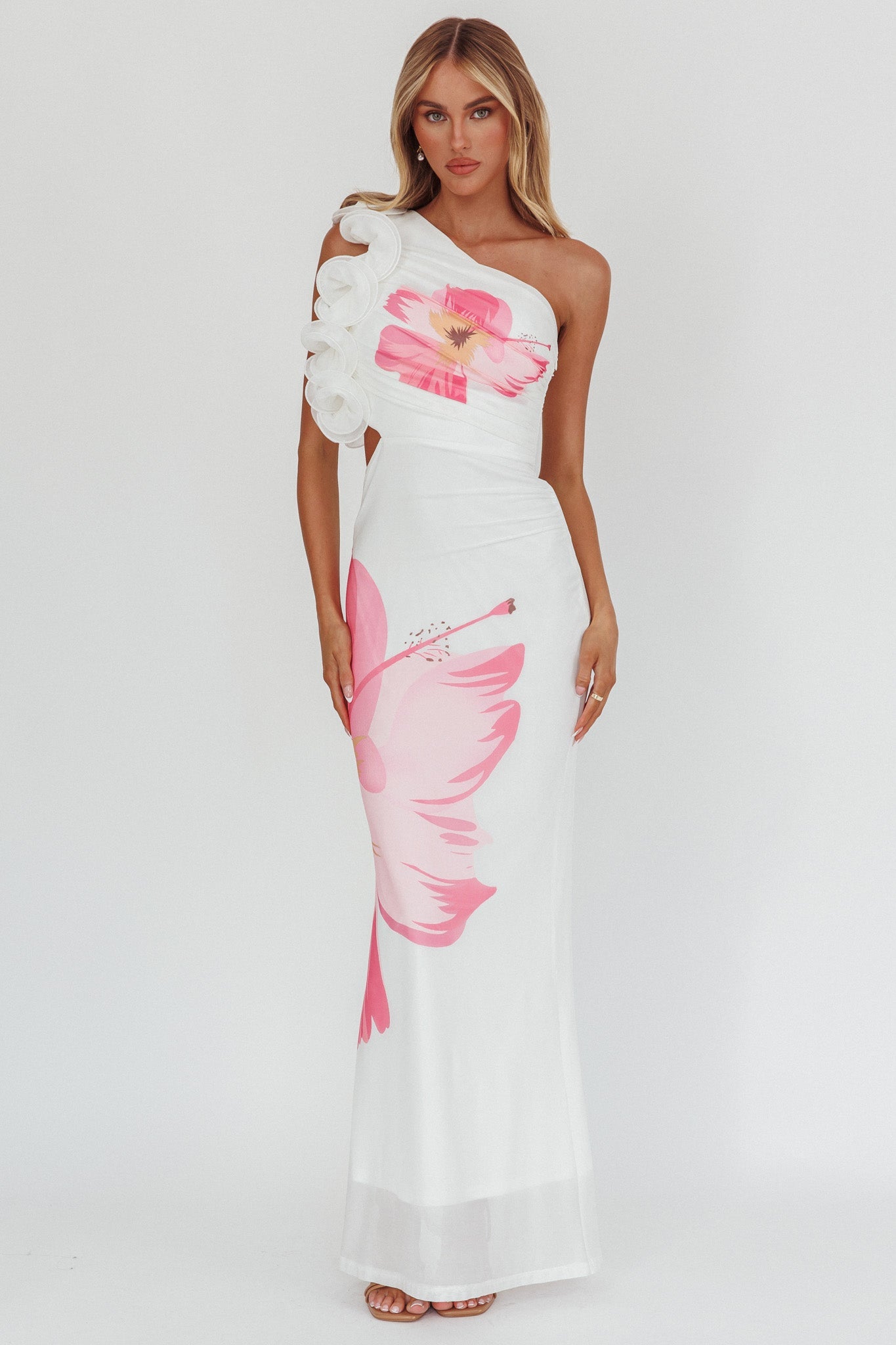Deanna One-Shoulder Ruffle Maxi Dress Hibiscus White