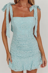 Neriah Tied Shoulder Lace Mini Dress Baby Blue