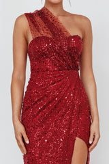 Doniella One-Shoulder Split Sequin Maxi Dress Wine