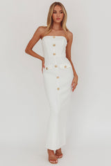 She Is Button Front Strapless Maxi Dress White