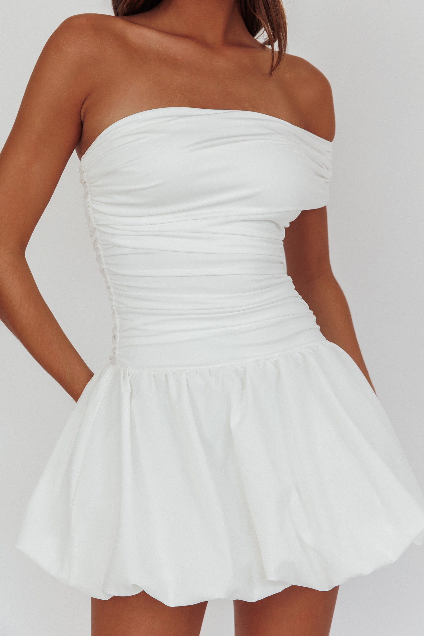 Dalayla One-Sleeve Balloon Skirt Mini Dress White