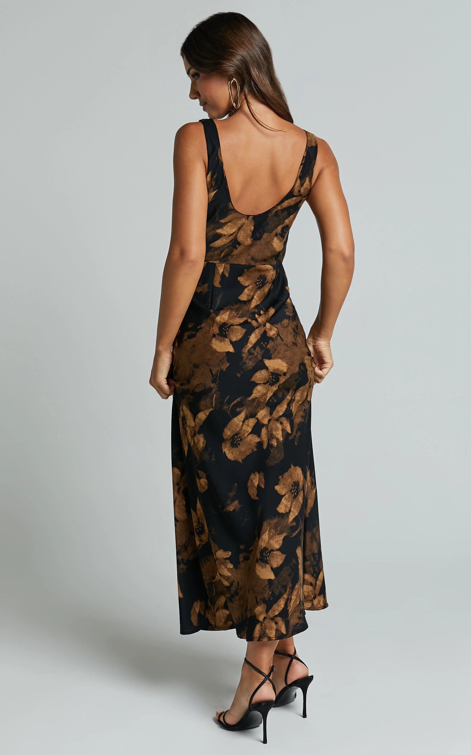 Dara Midi Dress Low Neck Sleeveless Slip Dress in Amber Floral Print