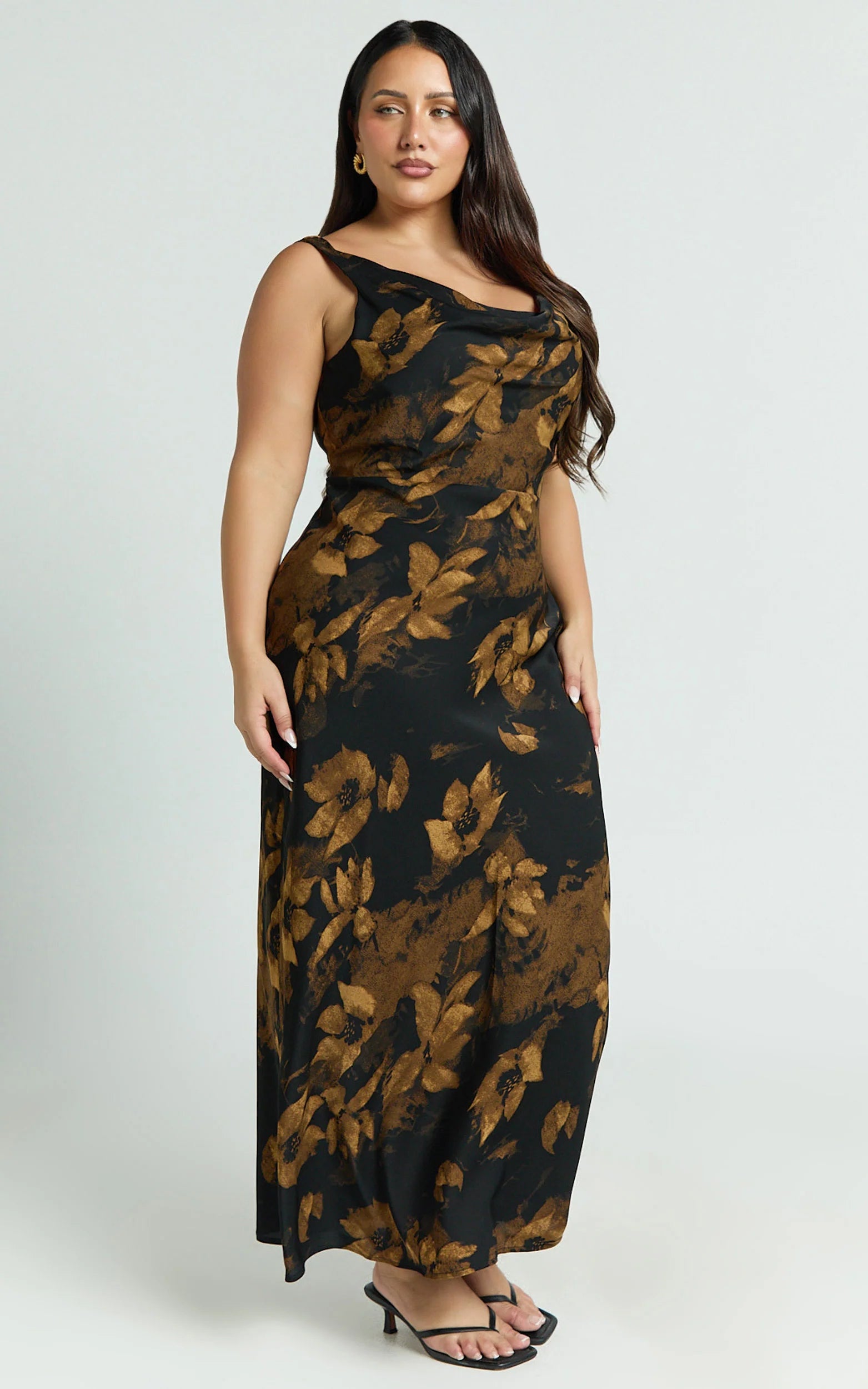 Dara Midi Dress Low Neck Sleeveless Slip Dress in Amber Floral Print
