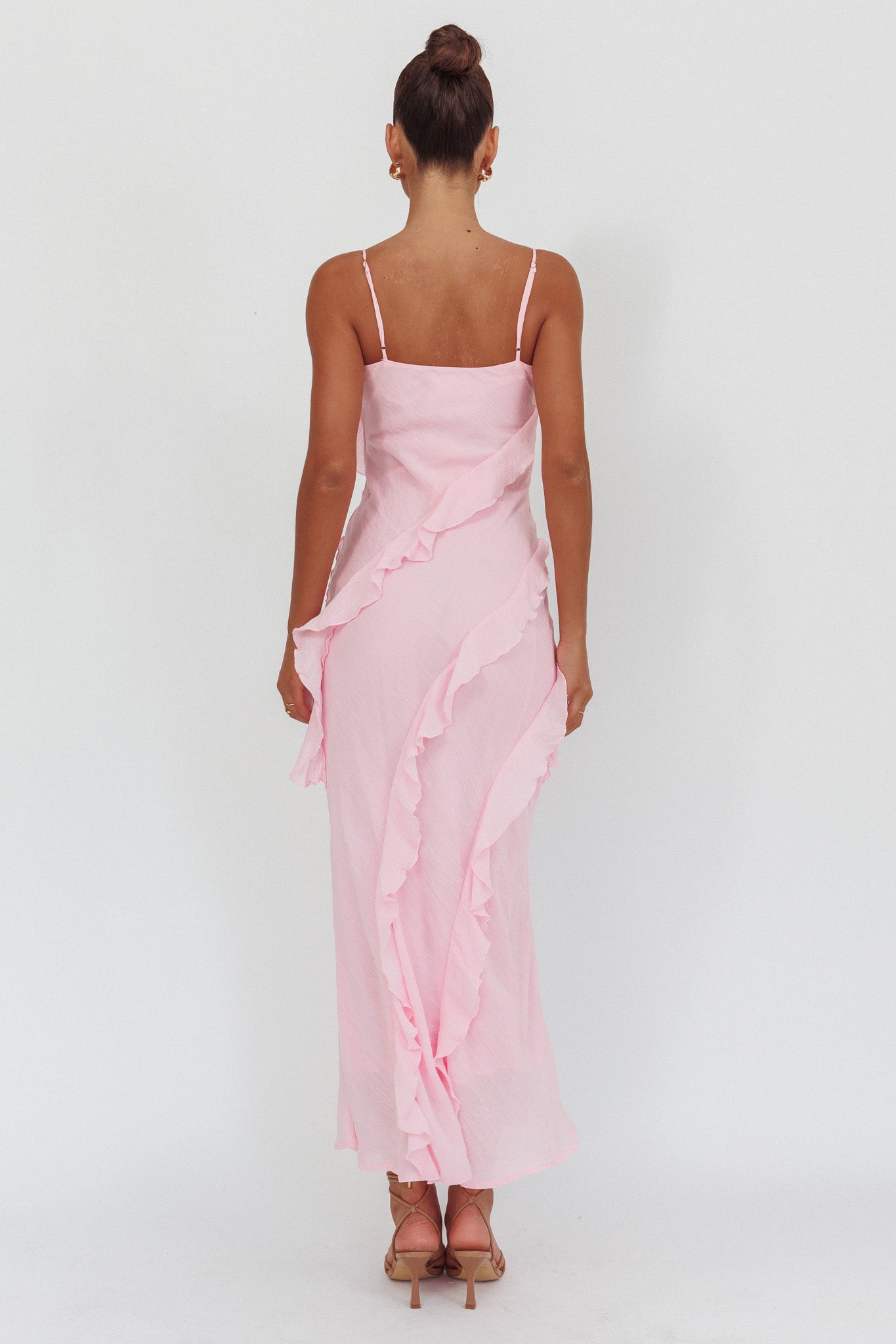 Panama Bay Ruffle Trim Cowl Neck Maxi Dress Pink