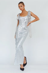 Birthday Wish Tied Shoulder Sequin Maxi Dress Silver