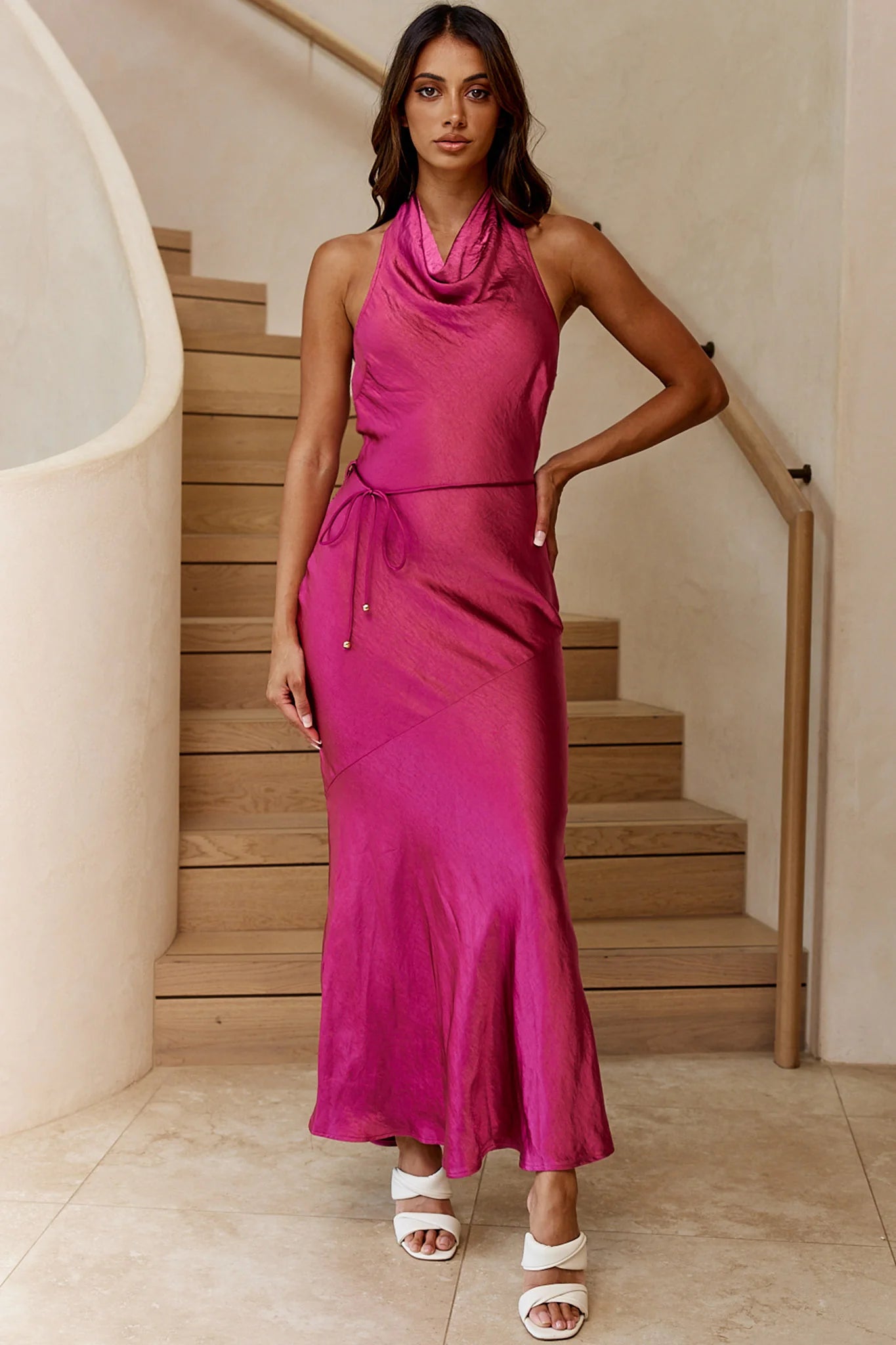 India Cowl Halterneck Satin Maxi Dress Fuchsia