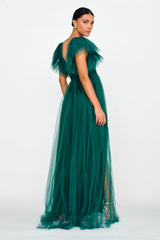 Heaven's Love Deep V-Neck Tulle Maxi Dress Hunter Green