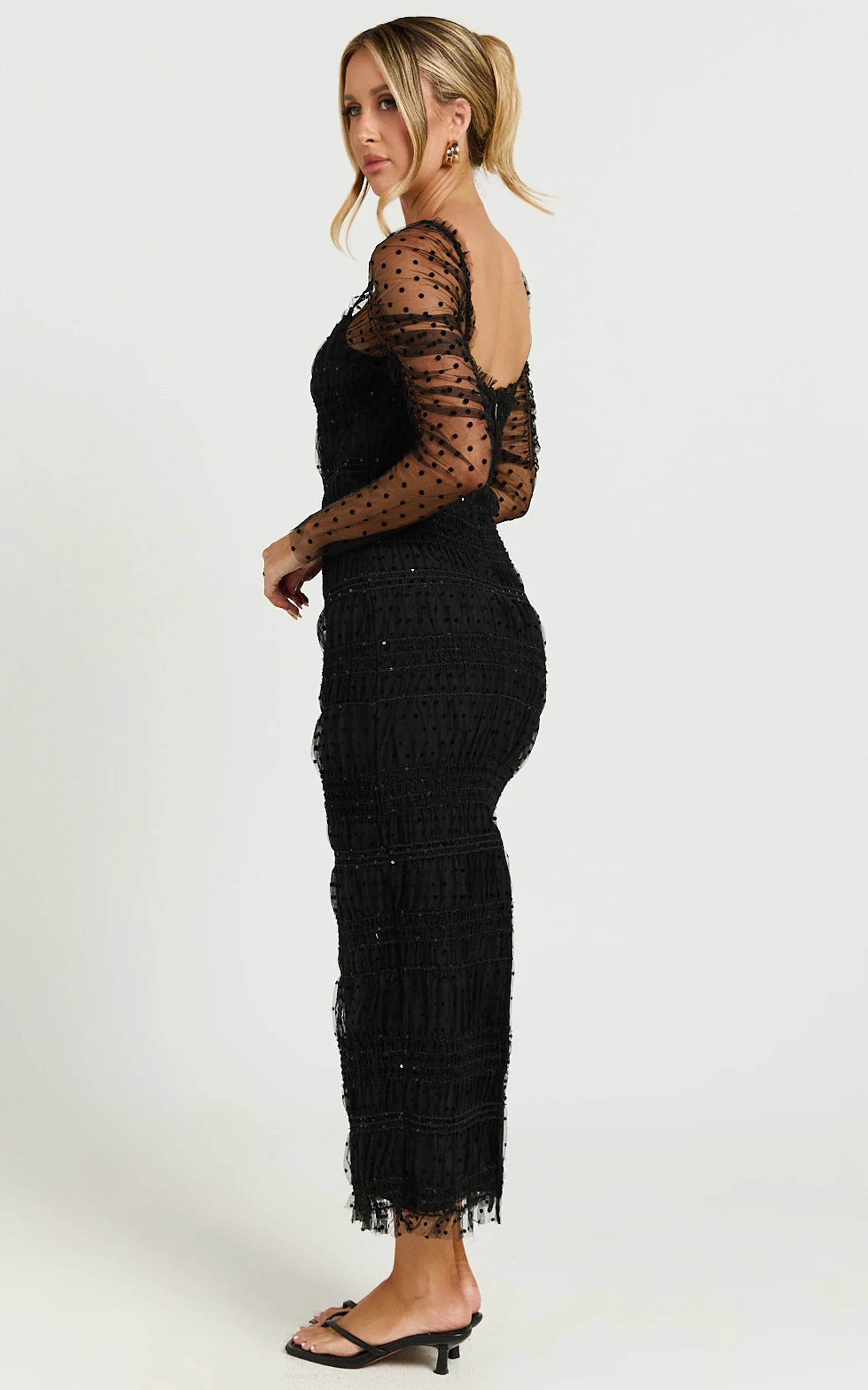 Evelyn Midi Dress Long Sleeve Shirred Tulle Dress in Black Polka