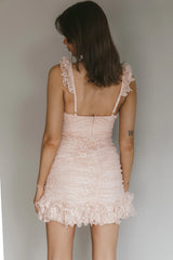 Kaley Ruched Side Layered Frill Hem Lace Mini Dress Blush