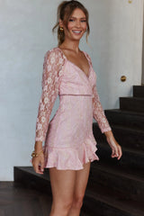 Hali Long Sleeve Surplice Neckline Lace Dress Blush