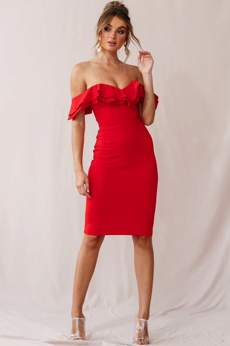 Rossi Ruffled Off The Shoulder Bodycon Dress Red