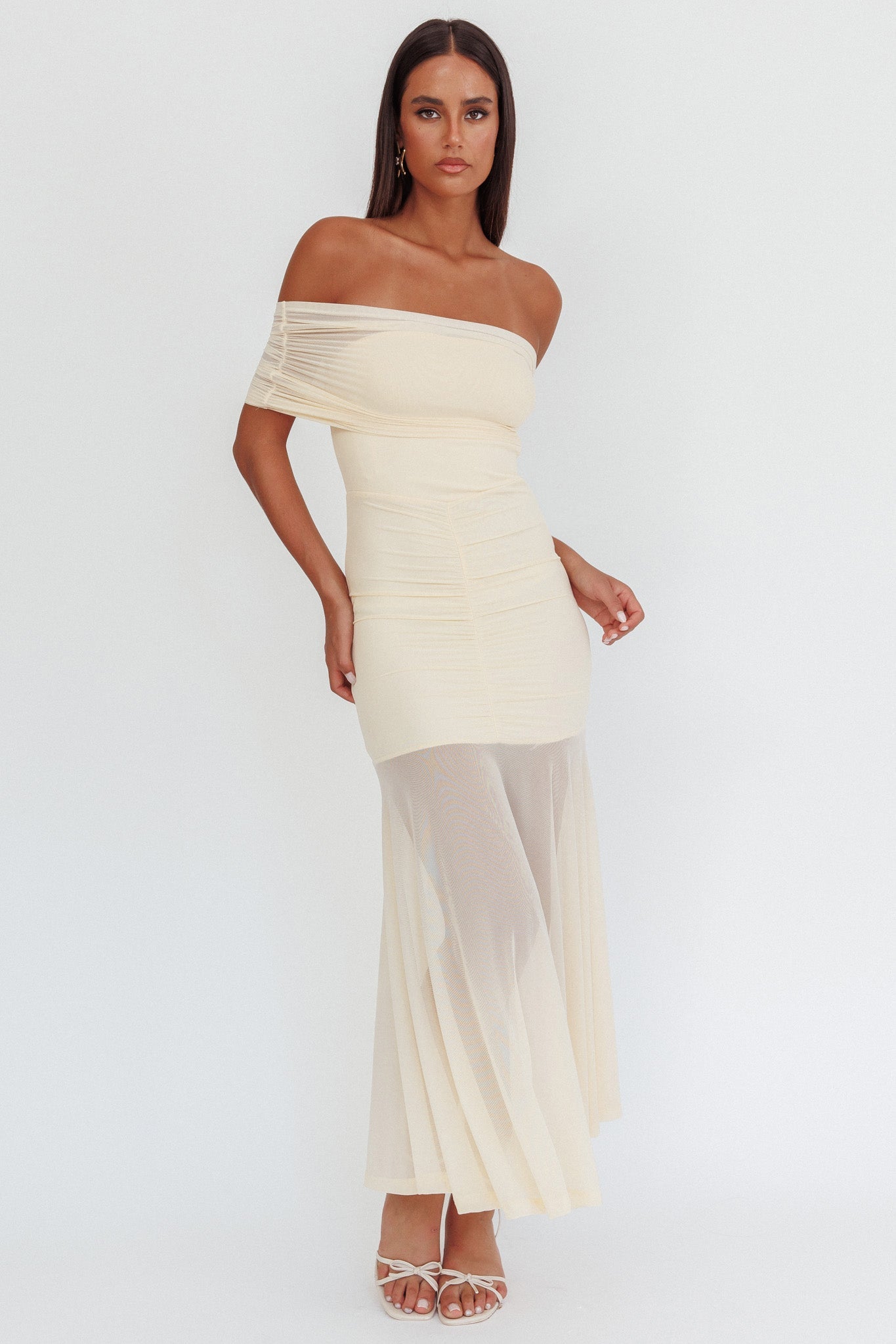 Clarita Sheer Ruched Maxi Dress Cream