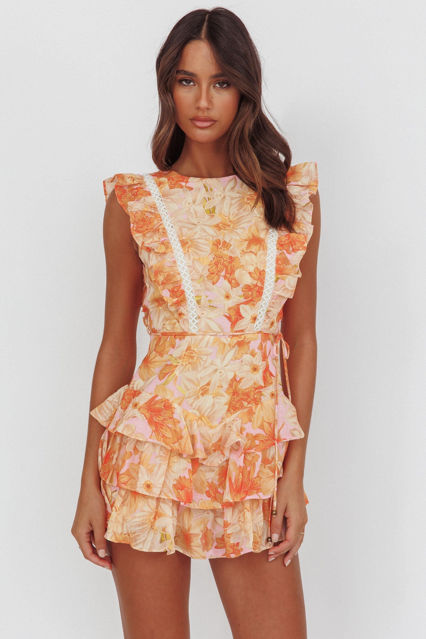 Weekend Muse Sleeveless Layered Frill Romper Flowers Yellow