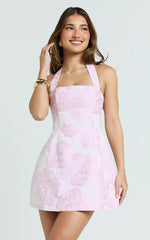 Gabbie Mini Dress Jacquard Halter Fit And Flare Dress in Pink