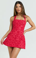 Gabbie Mini Dress Jacquard Halter Fit And Flare Dress in Red