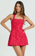 Gabbie Mini Dress Jacquard Halter Fit And Flare Dress in Red