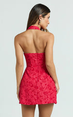 Gabbie Mini Dress Jacquard Halter Fit And Flare Dress in Red