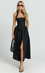 Helda Midi Dress Halter Tie Neck Corset Panel Dress in Black