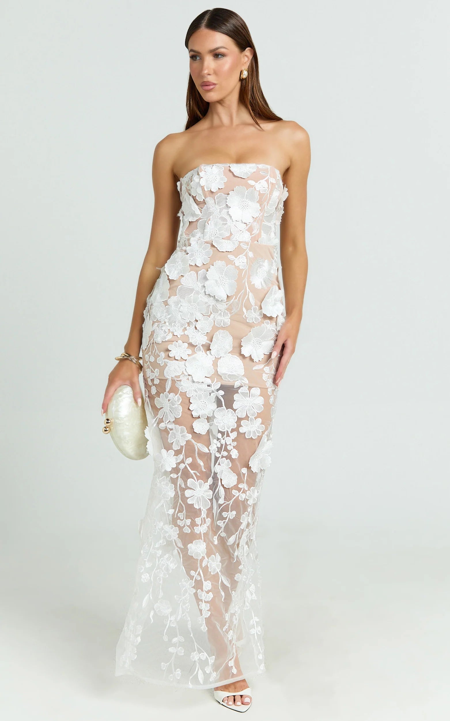 Sienna Maxi Dress 3D Floral Strapless Column Dress in White
