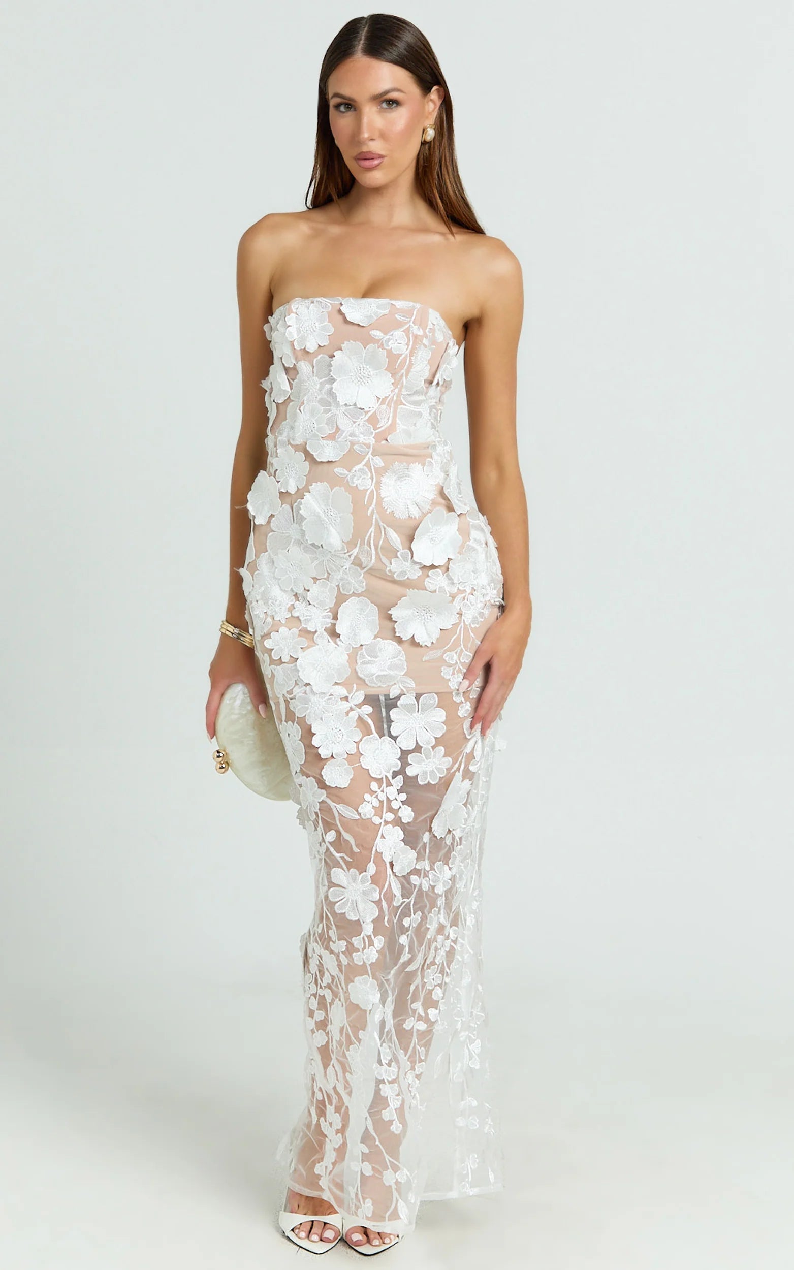 Sienna Maxi Dress 3D Floral Strapless Column Dress in White