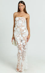 Sienna Maxi Dress 3D Floral Strapless Column Dress in White