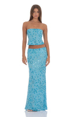 Sequin Beaded Floral Maxi Skirt in Aqua Blue