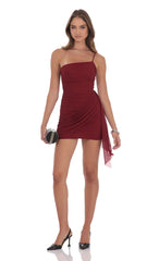 Mesh One Shoulder Tassel Dress in Maroon