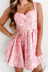 Out Of Your Reach Jacquard Floral Mini Dress (Pink/Silver Metallic)